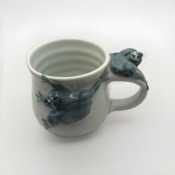 Hand Thrown Frog Mug Pottery White Green 3D Blue Eyes Three Frogs Handled - Picture 1 of 7